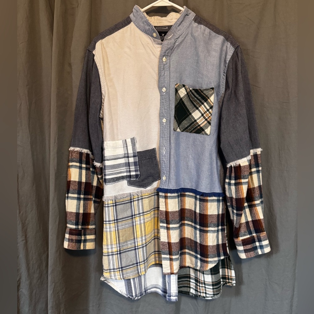 Patchwork Plaid Upcycled Refashioned Button Down … - image 1